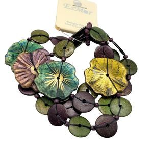 NWT Esmor Floral Emerald Green Purple and Gold Tone Stretch Antiqued Bracelet